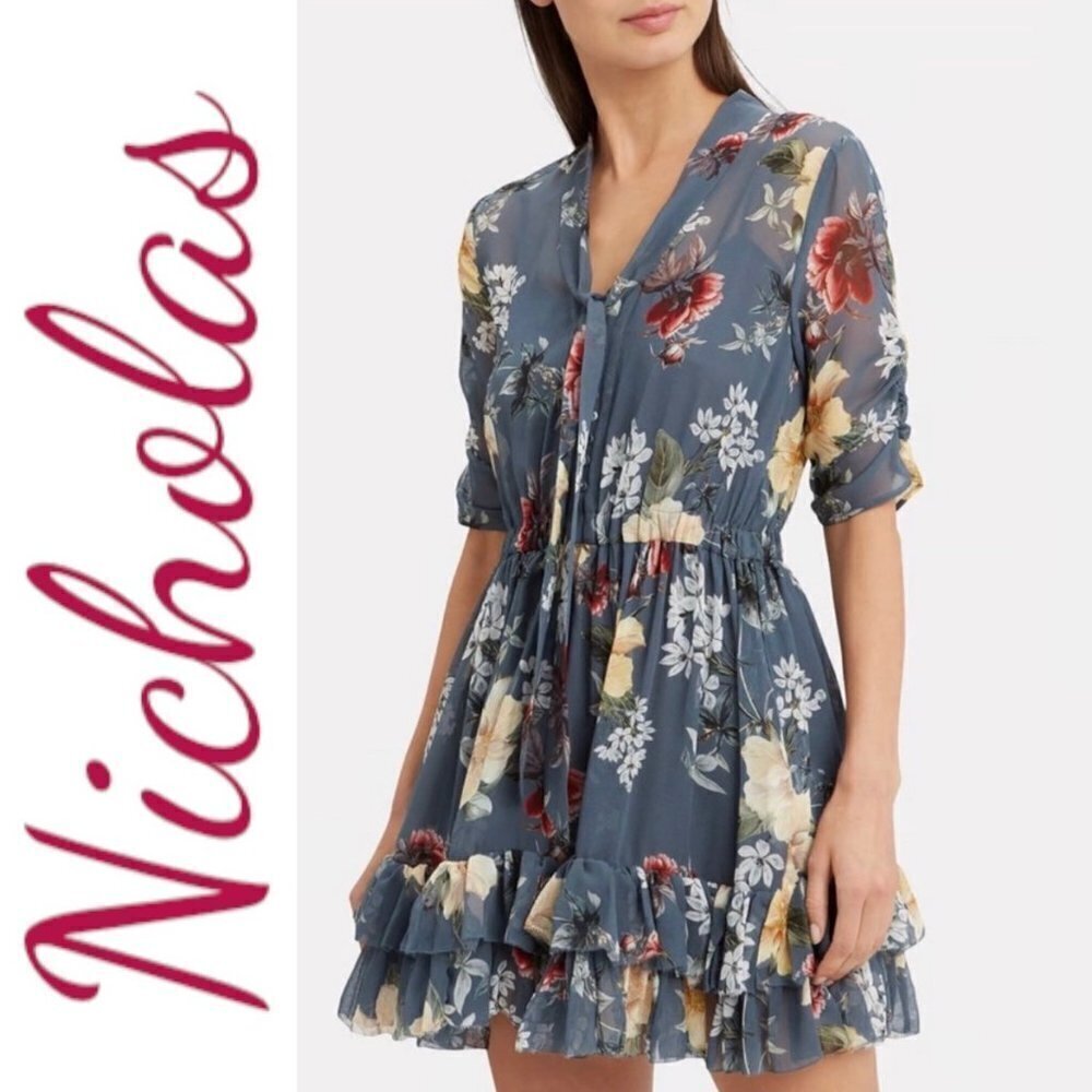 NWT NICHOLAS 100%‎ Silk Floral Ruffled Mini Dress, Size 8